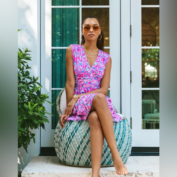 Lilly Pulitzer Women’s Faye V-Neck Tiered Ruffle Dress - Aura Pink Baby Bloomer - Picture 8 of 9